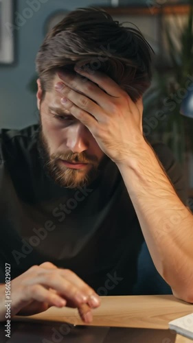 stressed male freelancer at table with laptop at home problems with project,