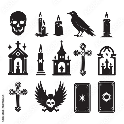 Halloween gothic symbols skull crow