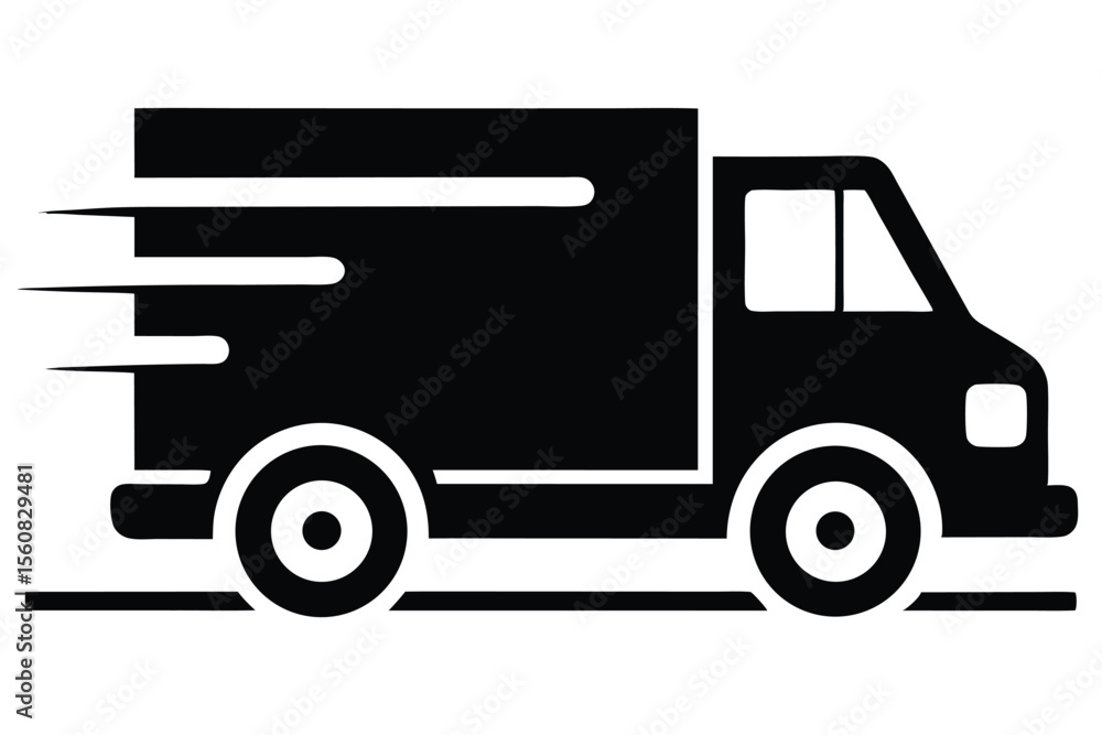 Stylized Black Delivery Truck Icon Indicating Fast Shipping Speed and Transportation Service Stylized Black Delivery Truck Icon Indicating Fast Shipping Speed and Transportation Service