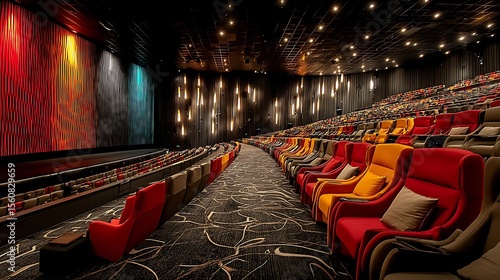 an interior shot shows a large, empty theater with rows of upholstered seating facing a large screen. the individual seats have varied tones and some have pillows on them