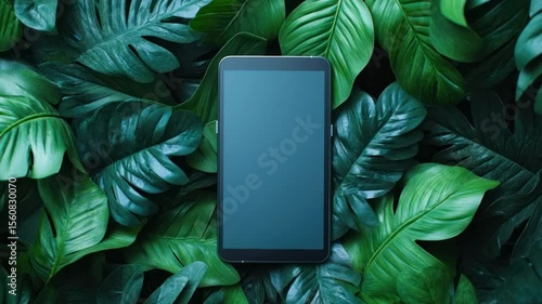 A tablet computer surrounded by lush green tropical leaves