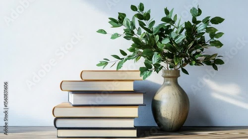 Stack of books and a vase of greenery on a wooden surface