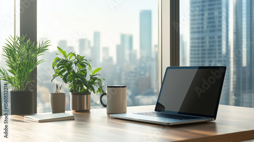 Professional minimalist desk product still: matte gray laptop with keyboard details, white ceramic steaming cup, walnut texture and cityscape bokeh, right copy space