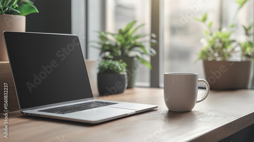 Professional minimalist desk product still: matte gray laptop with keyboard details, white ceramic steaming cup, walnut texture and cityscape bokeh, right copy space
