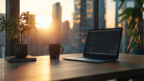 Professional minimalist desk product still: matte gray laptop with keyboard details, white ceramic steaming cup, walnut texture and cityscape bokeh, right copy space