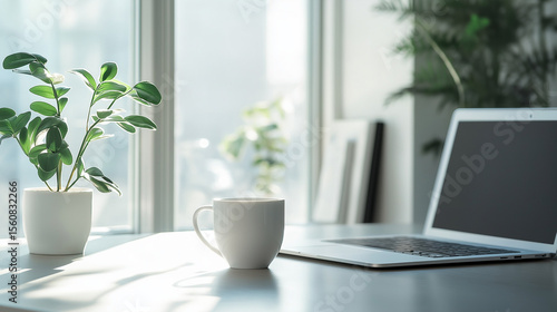 Professional minimalist desk product still: matte gray laptop with keyboard details, white ceramic steaming cup, walnut texture and cityscape bokeh, right copy space