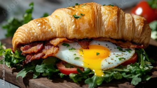 Croissant sandwich with bacon, egg, and greens