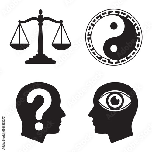 Scales yin yang question mark eye heads scales of justice
