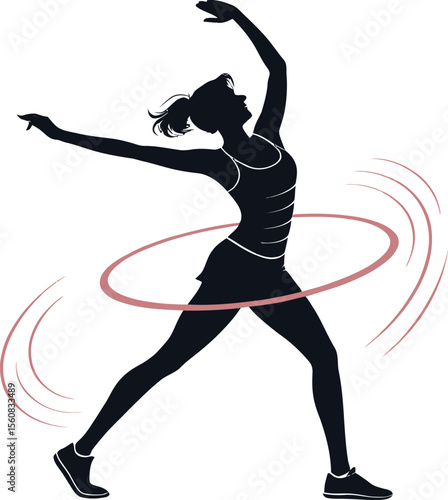 Active woman exercising with hula hoop. PNG, editable vector illustration 