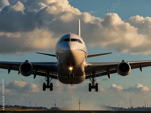 A commercial airplane is captured front-on as it lands or takes off on a runway under a partly cloudy sky during golden hour.