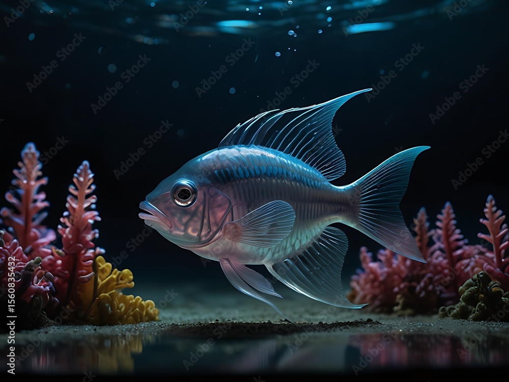 Fototapeta premium A vibrant fish swims near colorful coral reefs under deep blue ocean water, showcasing marine life in a serene underwater scene.