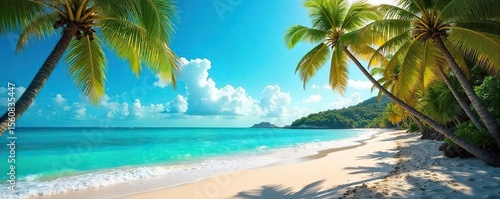 Sun-Drenched Beach Scene Turquoise Ocean Waves Crash Gently on the Shore, Lush Palm Trees Swaying in a Warm Summer Breeze.  Perfect for travel, vacation, and summer-themed projects.