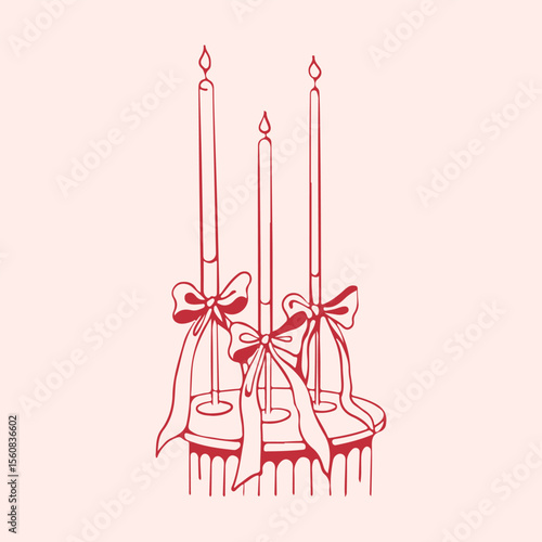 Hand drawn vintage elegant candles with outline bows in red color. Vector illustration in retro sketch parisian style. Vector illustration