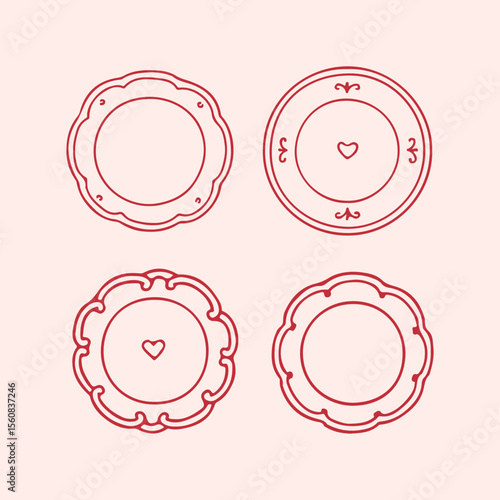 Set of hand drawn doodle plates in red color. Romantic plates for a holiday in sketch style. Tableware for wedding, Valentines day, Birthday. Vector illustration