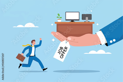 Man running towards a job offer from a hand isolated on transparent background