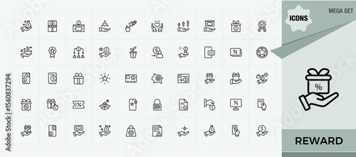 Bonus icon set. Thin linear style icons. Vector illustration. Pixel perfect. Award icon set. Contains such icons as credit, incentive, prize, gift, discount, money, coupon and more.