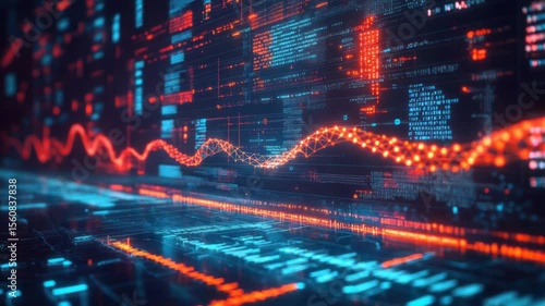 Data streams of glowing red and blue code on a digital interface