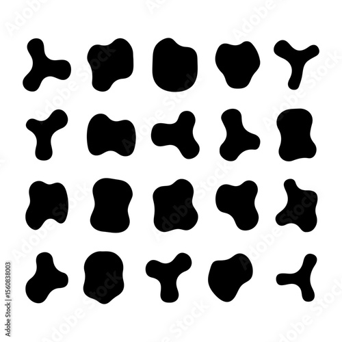 Collection of twenty organic black irregular blob shapes with rounded edges on a white background. SVG