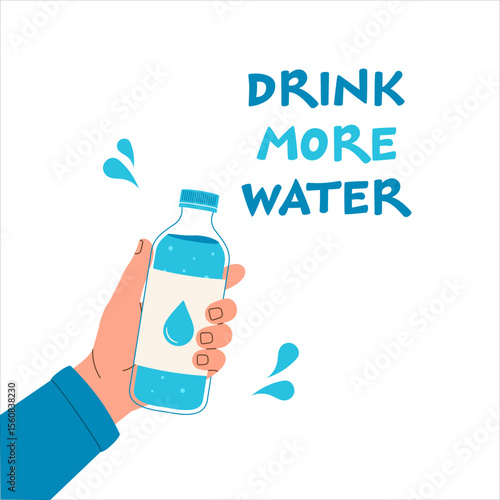 Motivational illustration with a hand holding a water bottle and the phrase “Drink more water”. Promotes healthy lifestyle and hydration reminder.
