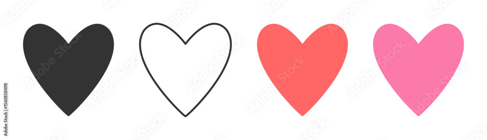 Obraz premium Basic heart icons vector in black, white, red, pink colors — designed for love, Valentine's Day, or wedding themes. Simple, flat, and adaptable.
