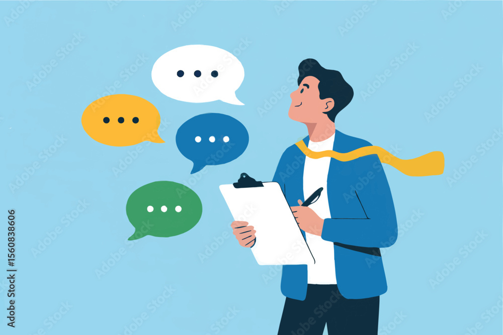 Flat cartoon vector illustration of a man with speech bubbles isolated on transparent background Flat cartoon vector illustration of a man with speech bubbles isolated on transparent background