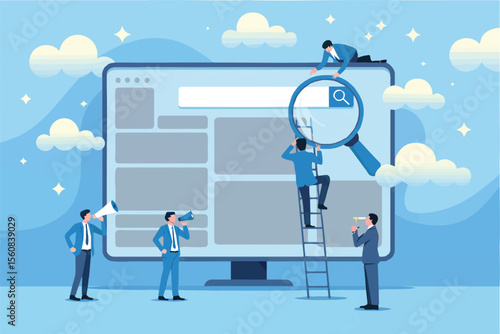 Flat cartoon vector illustration of people working on a computer screen with a magnifying glass isolated on transparent background