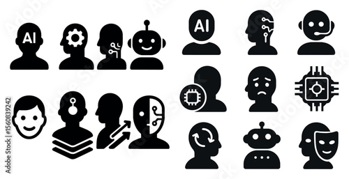 Collection of robot faces with the word AI on them. The faces are all different, but they all have a robotic appearance