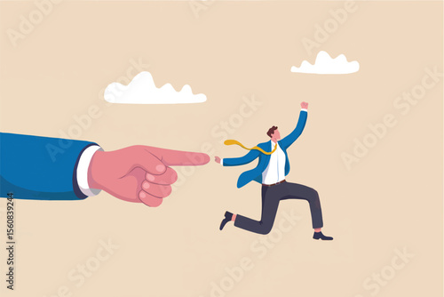 Business man running away from a pointing finger isolated on transparent background