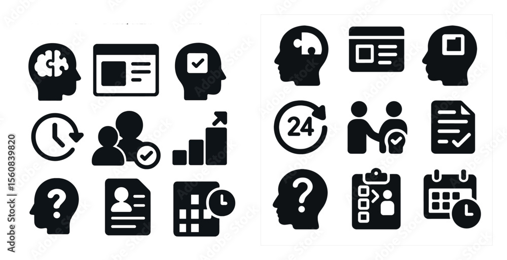 Collection of icons, including a clock, a calendar, and a person's head. The icons are all black and white, and they are arranged in a grid-like pattern Collection of icons, including a clock, a calendar, and a person's head. The icons are all black and white, and they are arranged in a grid-like pattern
