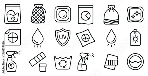 Set of icons for laundry and cleaning supplies. The icons include a washing machine, a dryer, a bottle of detergent, a bag, a spray bottle, a cup, a towel, a rag, a bottle of fabric softener