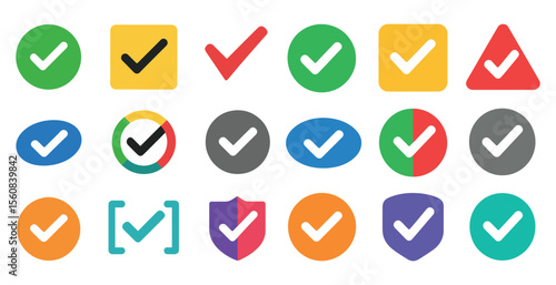 Collection of check marks and other symbols. The check marks are in various colors and sizes. The symbols include a circle, square, and triangle