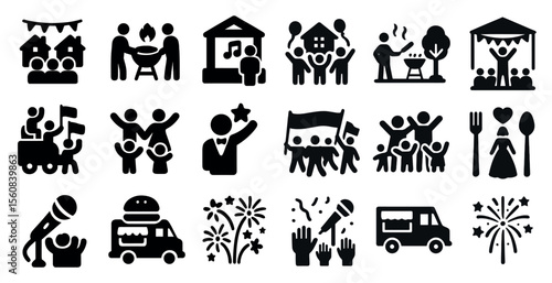 Collection of black and white icons depicting various social events such as weddings, parties, and festivals