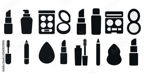 Collection of makeup and beauty products. The image is black and white. The products include a variety of lipsticks, eyeshadows, and blushes