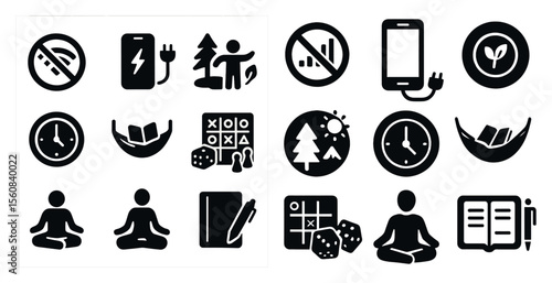 Collection of icons that represent various activities and objects. The icons include a clock, a book, a pen, a cell phone, a person sitting, a person standing, a person lying down
