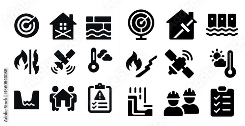 Collection of icons that include a house, a fire, a key, a person, a building, a fire hydrant, a person with a clipboard, a person with a hard hat, a person with a cell phone, a person with a