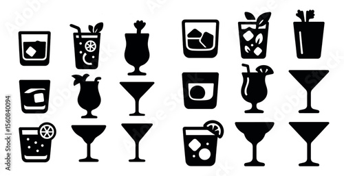 Set of 12 different types of drinks, including martinis, margaritas, and mojitos