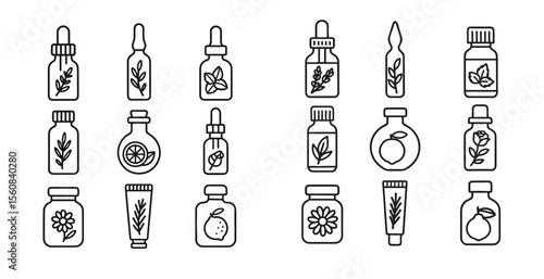 Set of 12 different bottles with various herbs and plants on them. The bottles are lined up next to each other, and the overall mood of the image is one of calm and relaxation