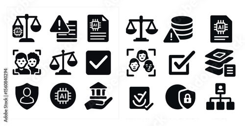 Set of icons for a computer system. The icons include a scale, a check mark, a person holding a key, a person holding a shield, a person holding a book, a person holding a computer