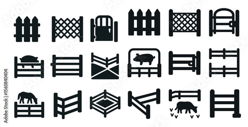 Collection of black and white fence designs. Some of the designs include a pig, a cow, and a car