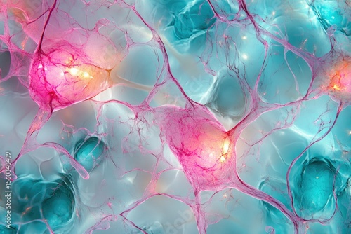 Microscopic view of interconnected neurons, showcasing complex neural network and intricate cellular structures.
