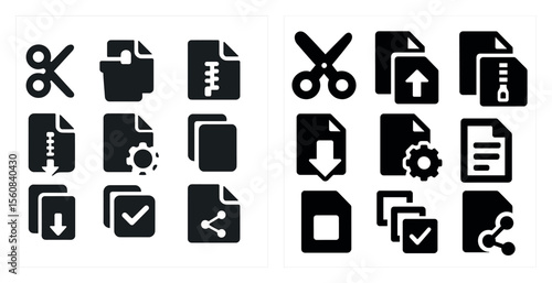 The two sets of icons are both black and white. The first set of icons includes a pair of scissors, a zipper, and a down arrow