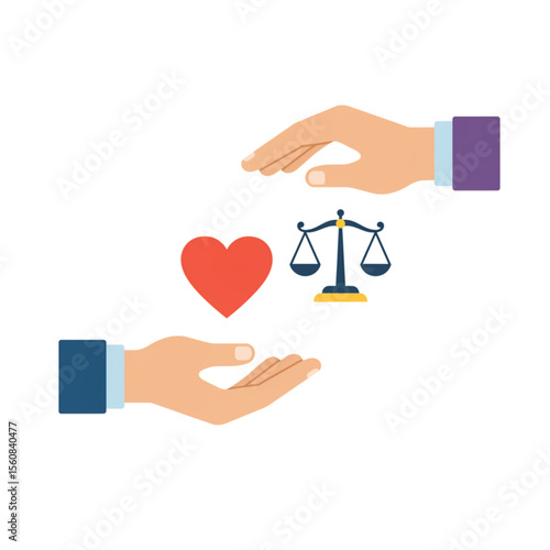 Hands connecting different symbols. In one hand is a heart, in the other is a scale. The unification of humanism and law