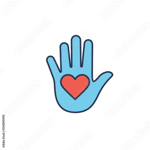 Colored palm with heart - symbol of humanism. Flat icon on transparent background