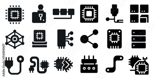 Collection of computer hardware icons, including a keyboard, mouse, and monitor. The icons are all black and white, and they are arranged in a grid. Scene is one of technology and productivity