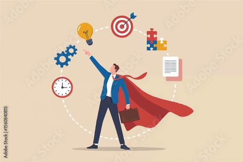 Businessman with superhero cape juggling business elements isolated on transparent background