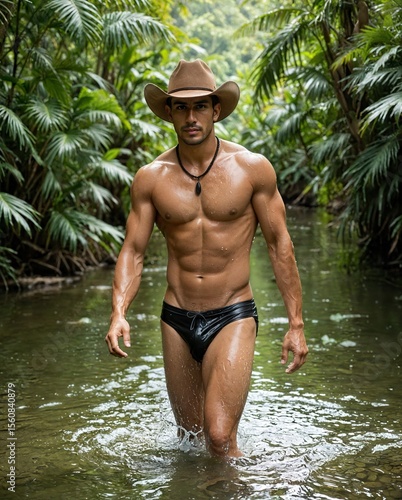 Handsome muscular male nature guide wearing cowboy hat and small tight black swimsuit wades through the water of a river in a tropical rainforest
