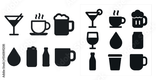 Set of black and white icons for drinks and food items. The icons include a martini glass, a cup, a bottle, a cup, a glass, a cup, a bottle, a cup, a cup, a cup