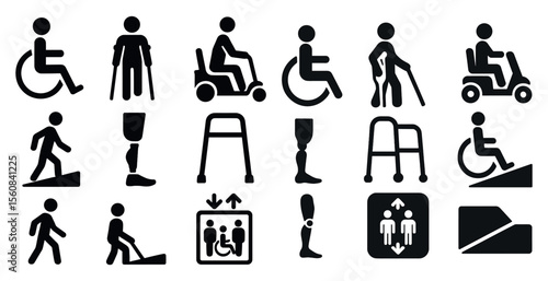 Collection of icons for people with disabilities. The icons include a wheelchair, a cane, a walker, and a scooter
