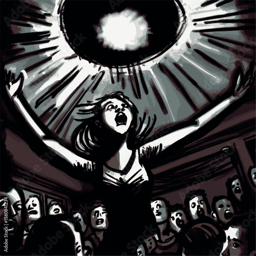 Powerful monochrome illustration — a dramatic and symbolic moment filled with tension, light, and emotional intensity