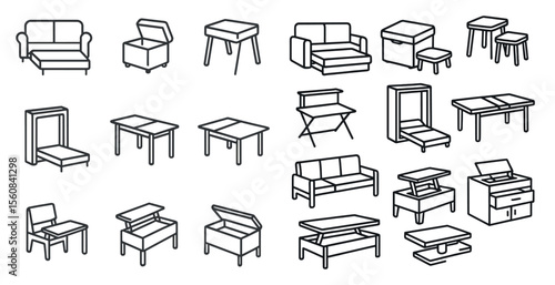 Collection of furniture pieces, including tables, chairs, and beds, are shown in a grid format. The furniture is arranged in various sizes and shapes